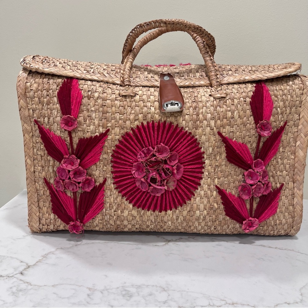 🌺 Vintage Boho Straw Beach Bag | Handmade Mexico | Raffia Floral Tote